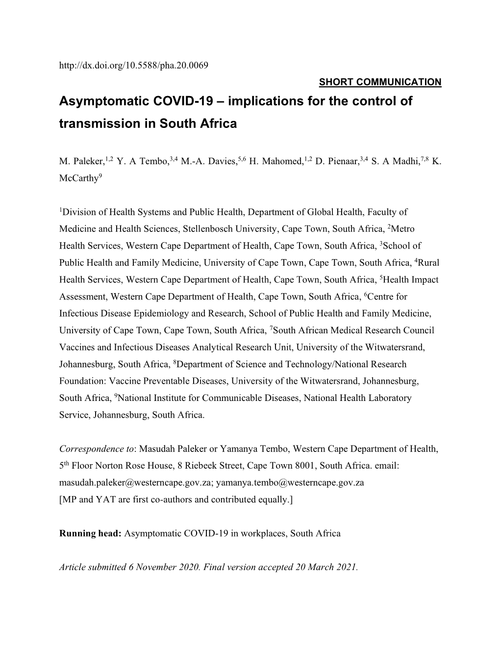 Asymptomatic COVID-19 – Implications for the Control of Transmission in South Africa