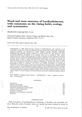 Wood and Stem Anatomy of Lardizabalaceae, with Comments on the Vining Habit, Ecology and Systematics