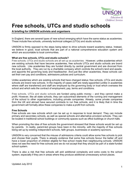 Free Schools, Utcs and Studio Schools a Briefing for UNISON Activists and Organisers