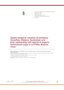 Spatio-Temporal Variation of Predatory Hoverflies (Diptera: Syrphidae) and Their Relationship with Aphids in Organic Horticultural Crops in La Plata, Buenos Aires