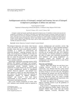 Antidepressant Activity of Fosinopril, Ramipril and Losartan, but Not of Lisinopril in Depressive Paradigms of Albino Rats and Mice