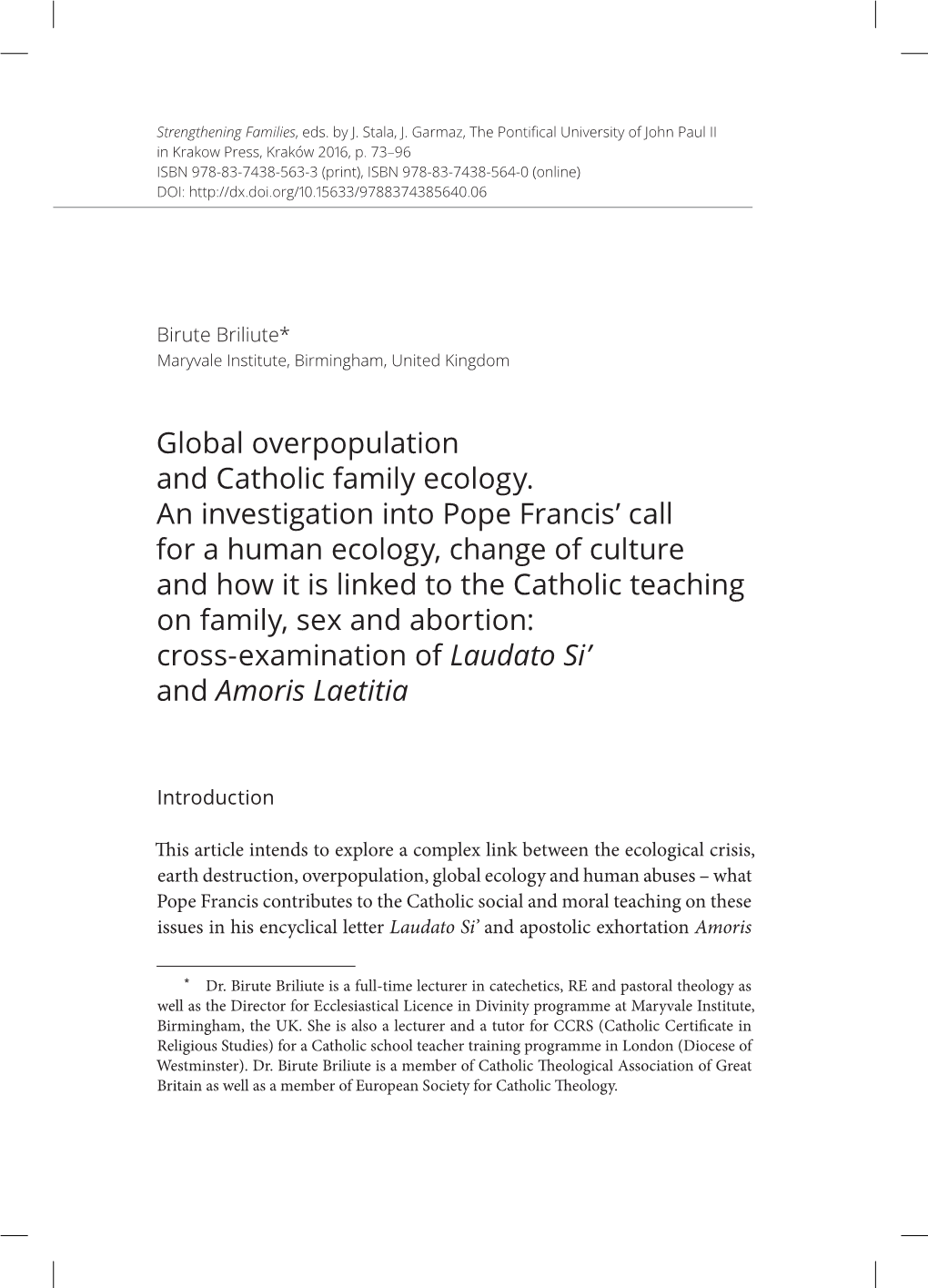 Global Overpopulation and Catholic Family Ecology. an Investigation Into