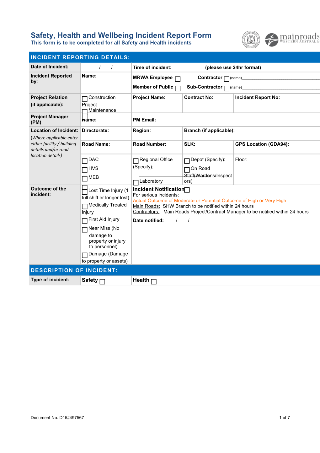 Safety and Health Incident Report Form