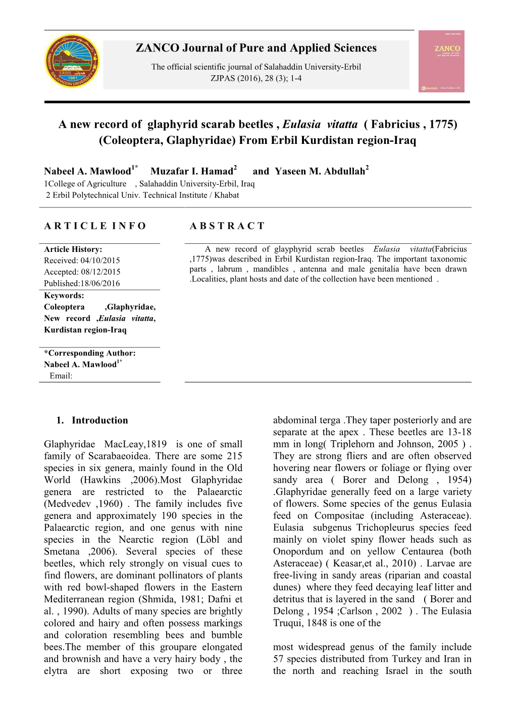 A New Record of Glaphyrid Scarab Beetles , Eulasia Vitatta ( Fabricius , 1775) (Coleoptera, Glaphyridae) from Erbil Kurdistan Region-Iraq