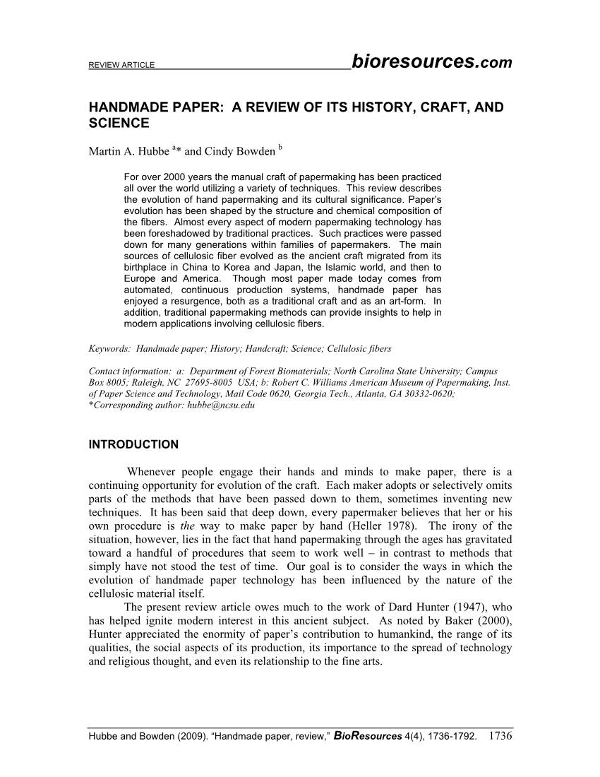 Handmade Paper: a Review of Its History, Craft, and Science