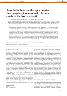 Association Between the Squat Lobster Gastroptychus Formosus and Cold-Water Corals in the North Atlantic E