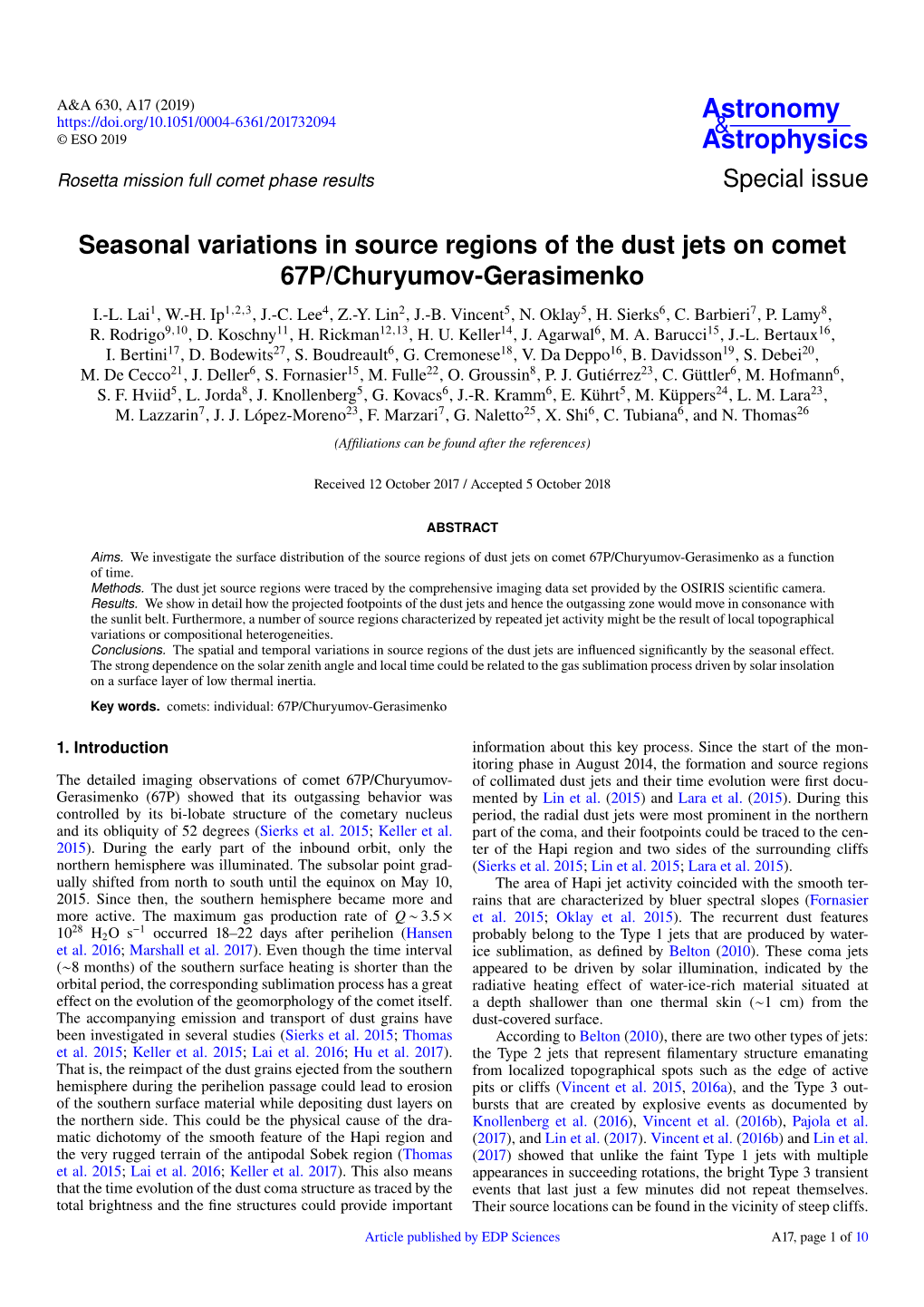 Seasonal Variations in Source Regions of the Dust Jets on Comet 67P/Churyumov-Gerasimenko I.-L