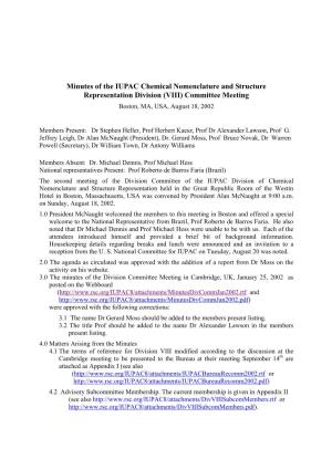 Minutes of the IUPAC Chemical Nomenclature and Structure Representation Division (VIII) Committee Meeting Boston, MA, USA, August 18, 2002