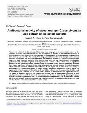 Antibacterial Activity of Sweet Orange (Citrus Sinensis) Juice Extract on Selected Bacteria