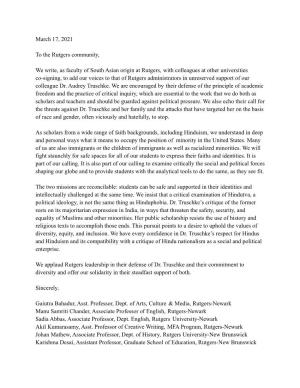 Letter in Support of Professor Audrey Truschke
