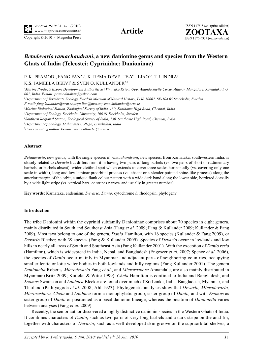 Zootaxa, Betadevario Ramachandrani, a New Danionine Genus And