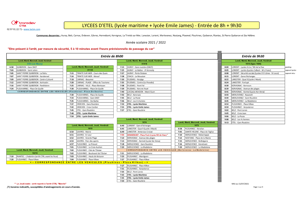 LYCEES D'etel (Lycée Maritime + Lycée Emile James) - Entrée De 8H + 9H30 02 97 01 22 71