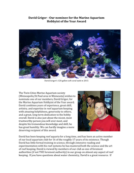 David Grigor - Our Nominee for the Marine Aquarium Hobbyist of the Year Award
