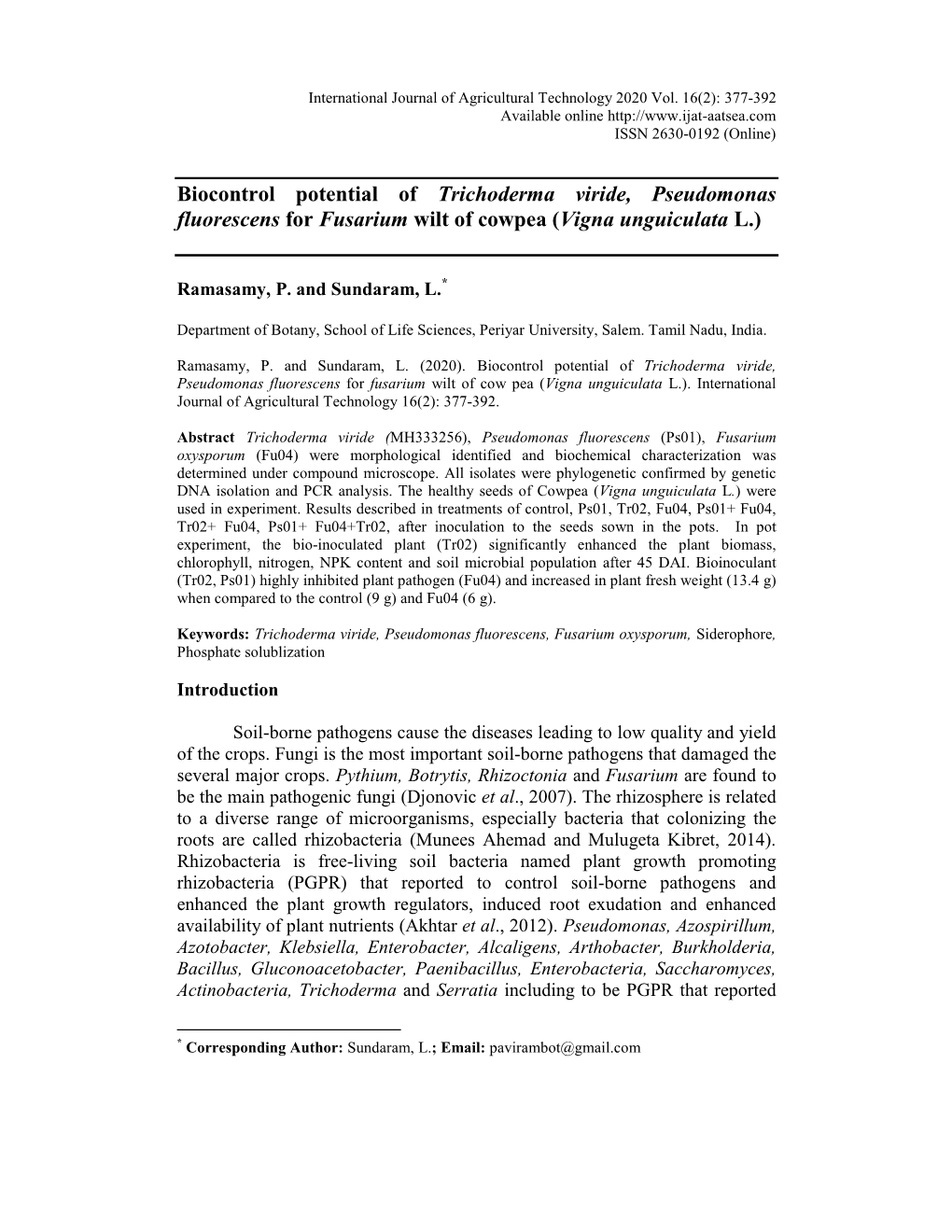 Biocontrol Potential of Trichoderma Viride, Pseudomonas Fluorescens for Fusarium Wilt of Cowpea (Vigna Unguiculata L.)