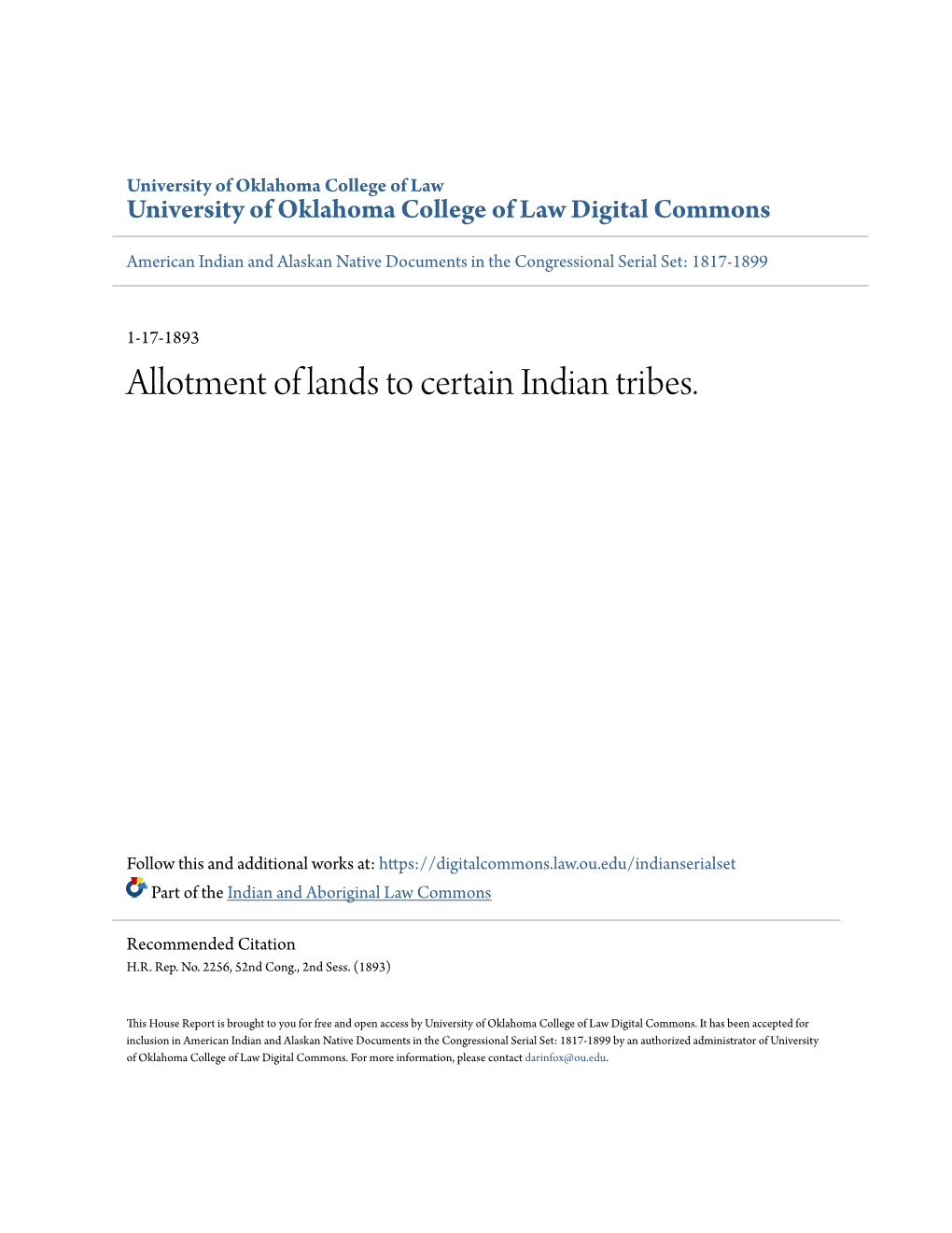 Allotment of Lands to Certain Indian Tribes