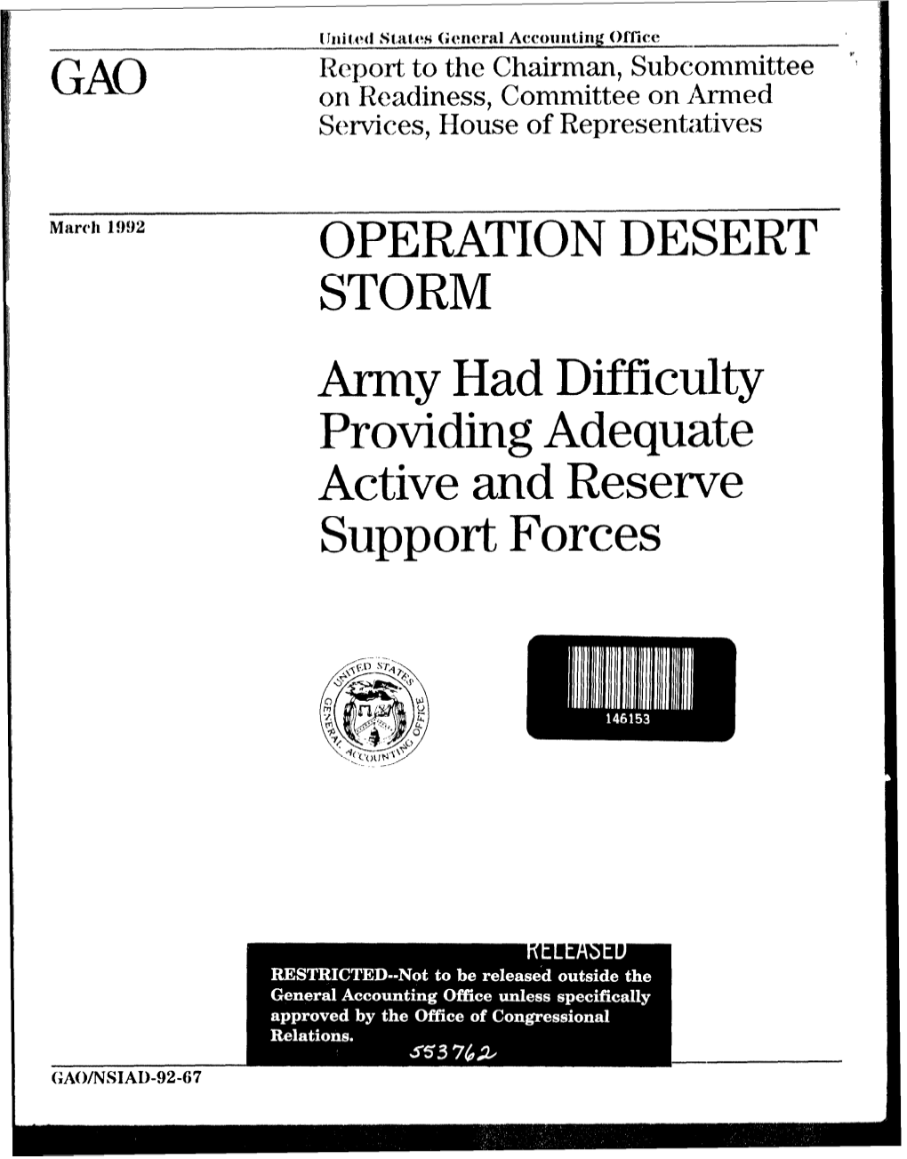 NSIAD-92-67 Operation Desert Storm Executive Summary