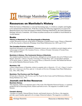 Resources on Manitoba History 1 Most Libraries