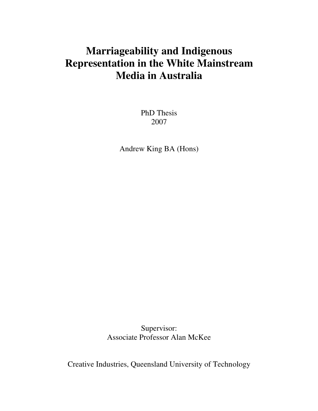 Marriageability and Indigenous Representation in the White Mainstream Media in Australia
