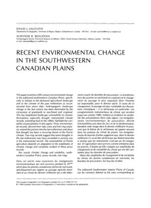 Recent Environmental Change in the Southwestern Canadian Plains