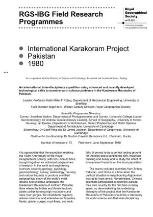 RGS Karakoram Project Summary and Bibliography