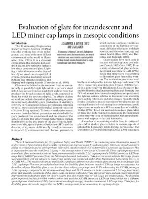 Evaluation of Glare for Incandescent and LED Miner Cap Lamps in Mesopic Conditions Introduction J