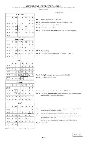 2021 Legislative Calendar