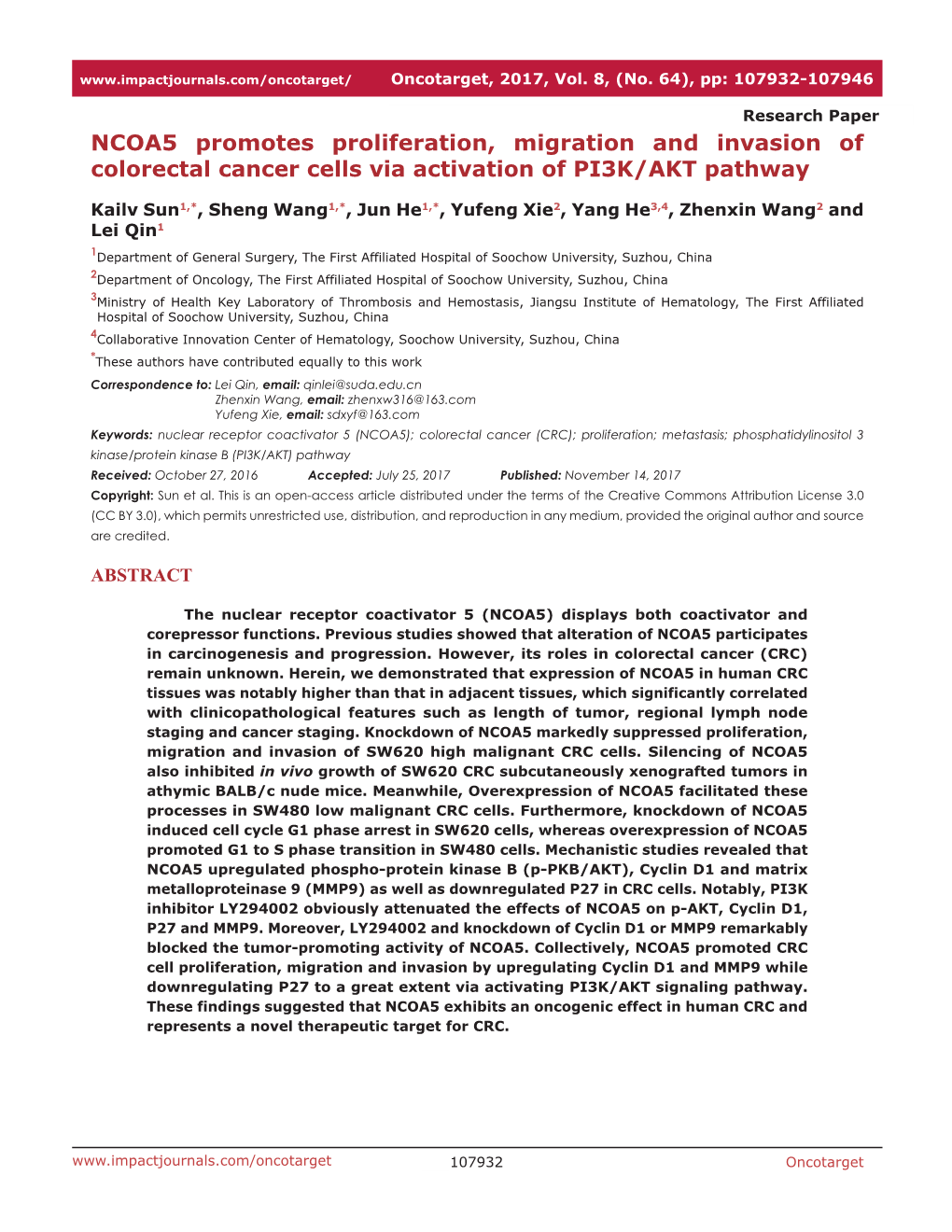 NCOA5 Promotes Proliferation, Migration and Invasion of Colorectal Cancer Cells Via Activation of PI3K/AKT Pathway