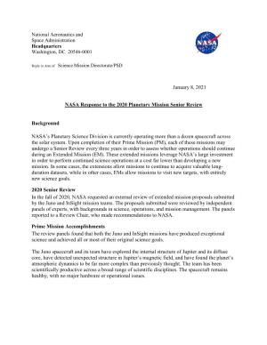 NASA Response to the 2020 Planetary Mission Senior Review