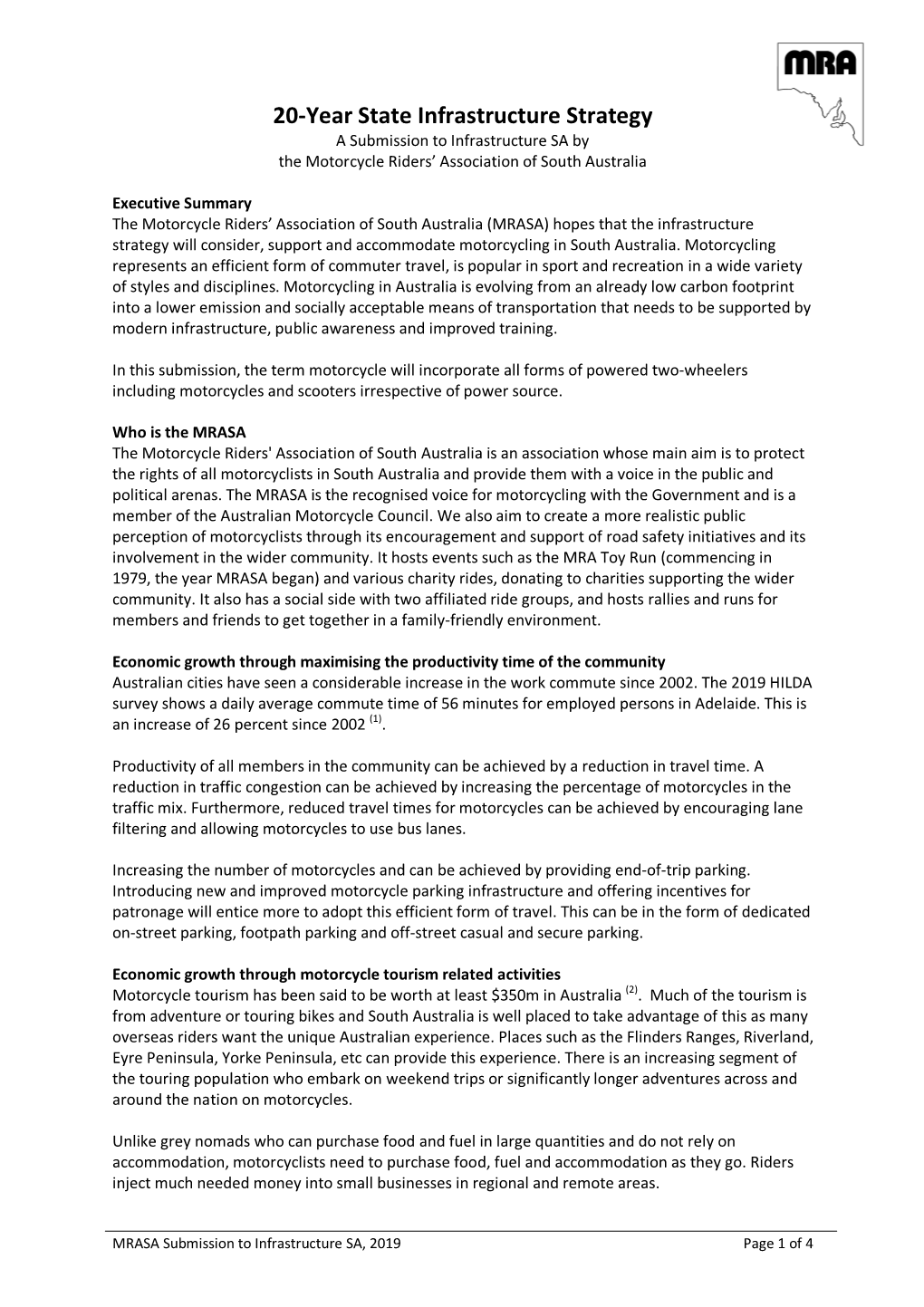 20-Year State Infrastructure Strategy a Submission to Infrastructure SA by the Motorcycle Riders’ Association of South Australia