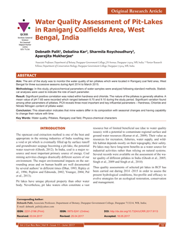 Water Quality Assessment of Pit-Lakes in Raniganj Coalfields Area, West IJCRR Section: General Science Bengal, India Sci