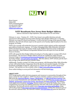 NJTV Broadcasts New Jersey State Budget Address Address Televised in High Definition; Rebroadcast On-Air and Online