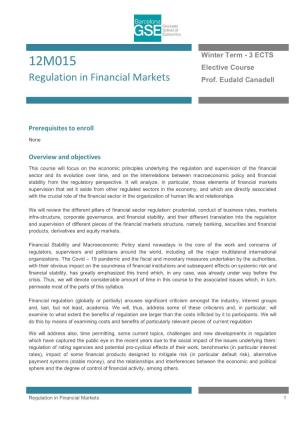 Regulation in Financial Markets Prof
