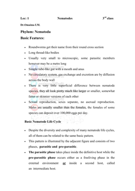 Phylum: Nematoda Basic Features
