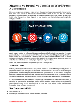 Magento Vs Drupal Vs Joomla Vs Wordpress: a Comparison Here, We Are Going to Compare 4 Major Content Management Systems Available in the Market for Free
