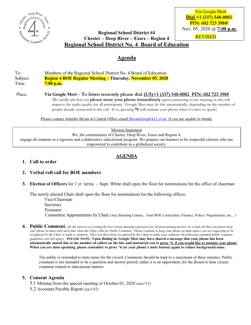 Regional School District #4 Chester – Deep River – Essex – Region 4 REVISED Regional School District No