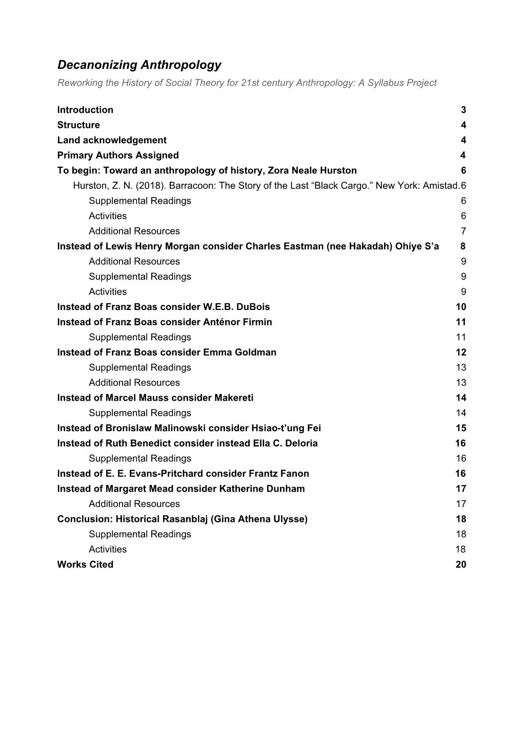 Decanonizing Anthropology Reworking the History of Social Theory for 21St Century Anthropology: a Syllabus Project