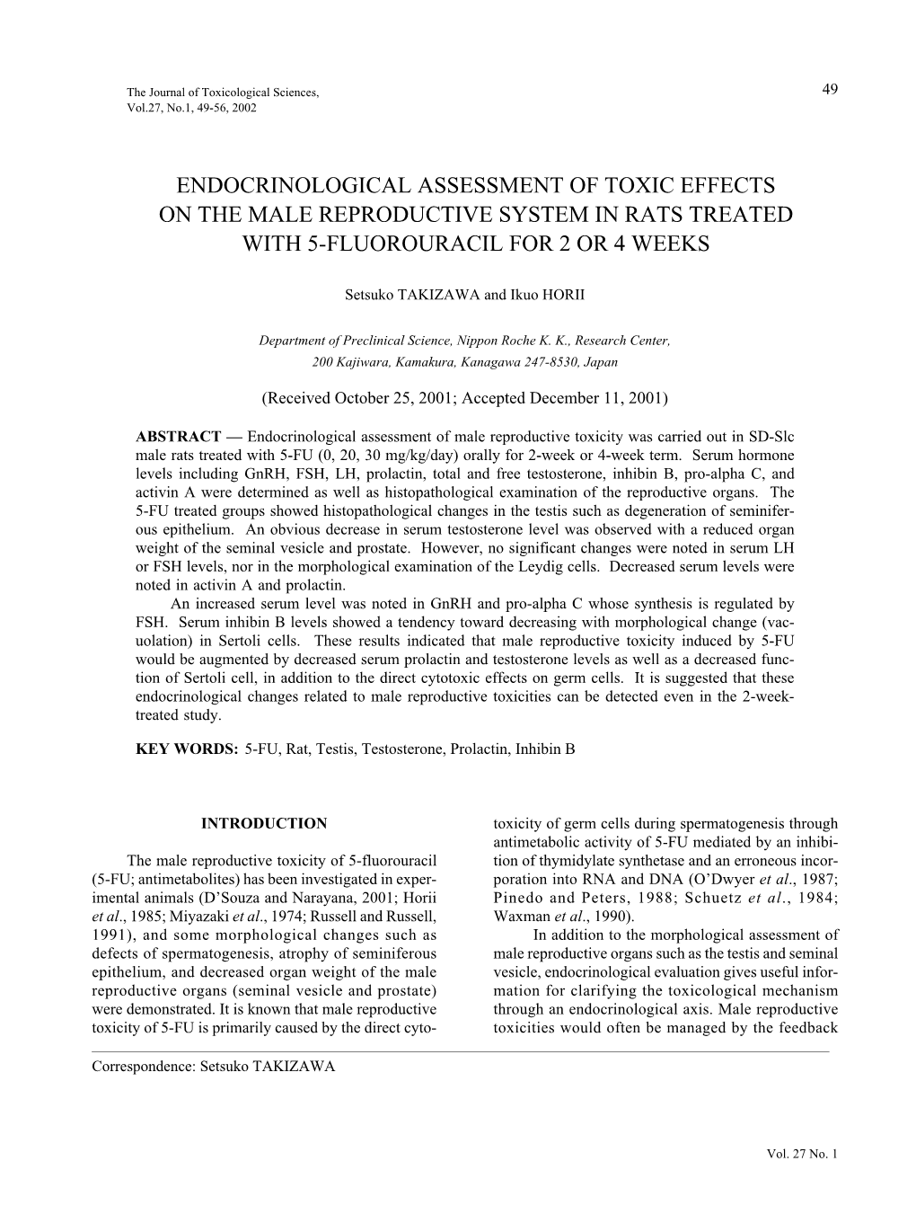 Endocrinological Assessment of Toxic Effects on the Male Reproductive System in Rats Treated with 5-Fluorouracil for 2 Or 4 Weeks