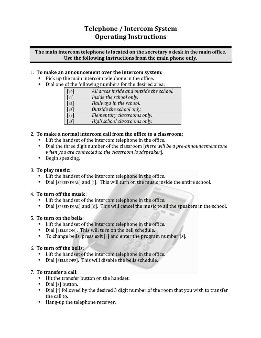 Telephone / Intercom System Operating Instructions