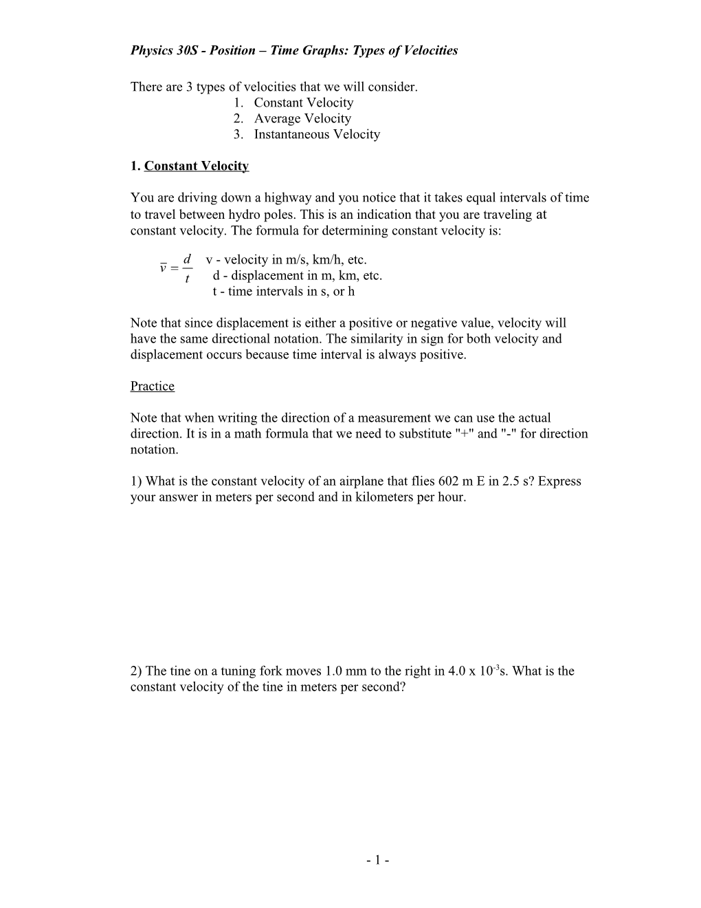 Physics 30S - Position Time Graphs: Types of Velocities