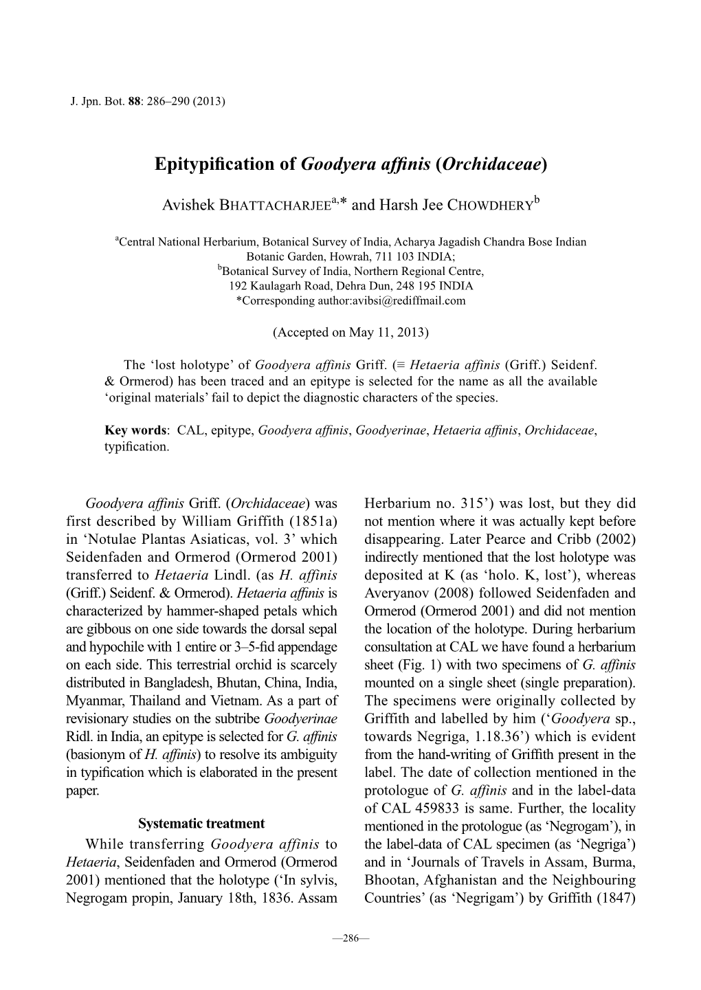 Epitypification of Goodyera Affinis (Orchidaceae)