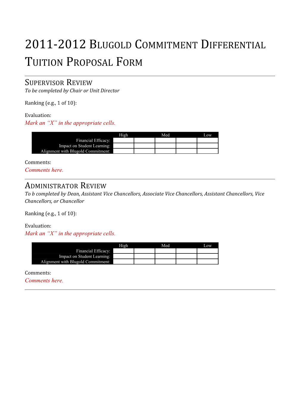 2011-2012 Blugold Commitment Differential Tuition Proposal Form