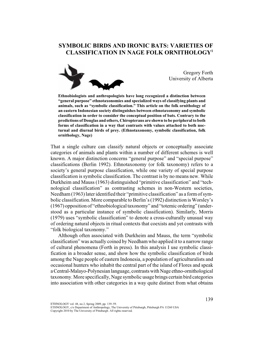 Symbolic Birds and Ironic Bats: Varieties of Classification in Nage Folk Ornithology1