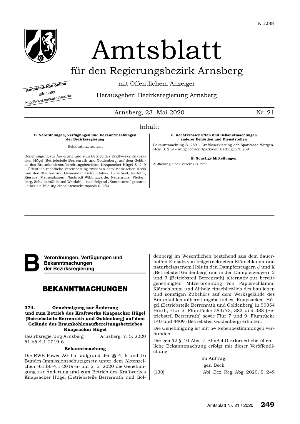 Amtsblatt Für Den Regierungsbezirk Arnsberg Mit Öffentlichem Anzeiger Amtsblatt-Abo Online Info Unter Herausgeber: Bezirksregierung Arnsberg