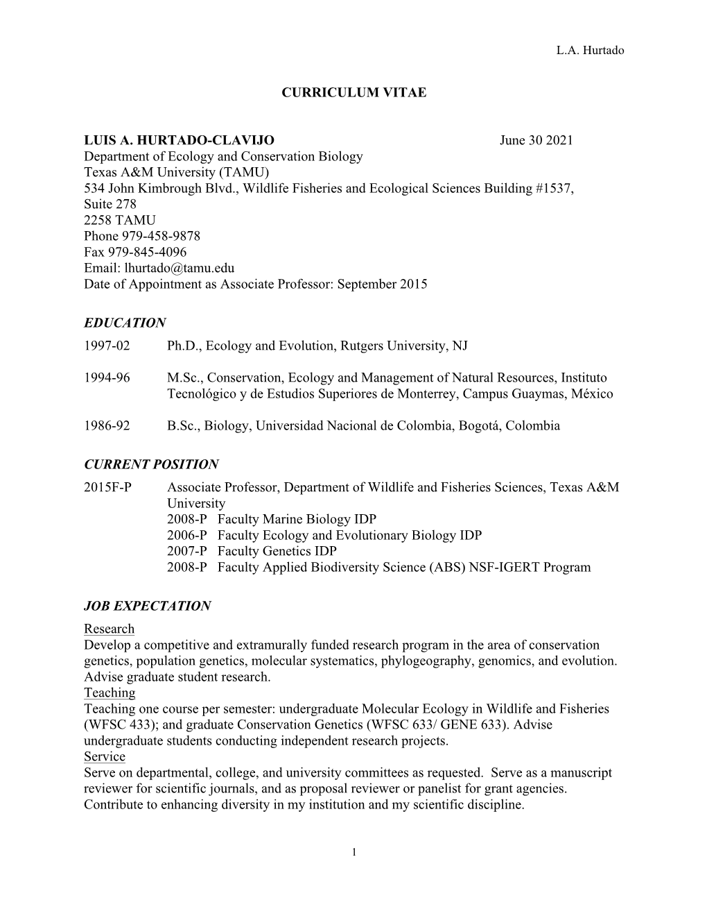 CURRICULUM VITAE LUIS A. HURTADO-CLAVIJO June 30 2021