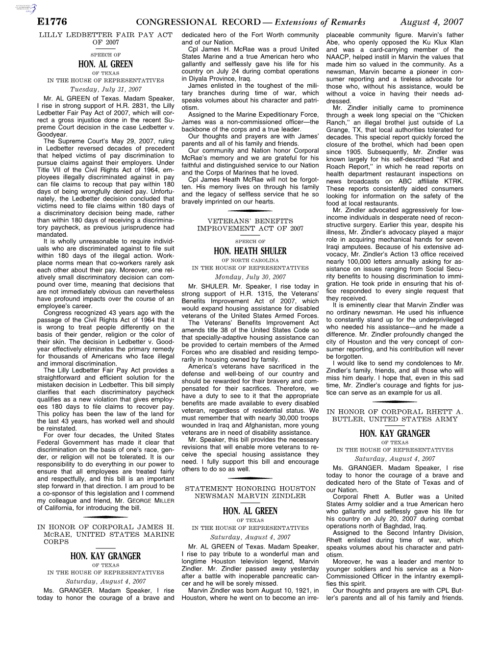 CONGRESSIONAL RECORD — Extensions of Remarks August 4, 2007 LILLY LEDBETTER FAIR PAY ACT Dedicated Hero of the Fort Worth Community Placeable Community Figure