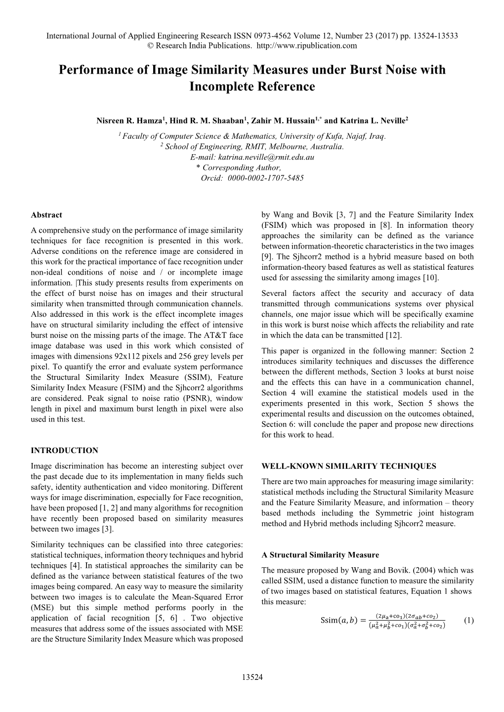 Performance of Image Similarity Measures Under Burst Noise with Incomplete Reference