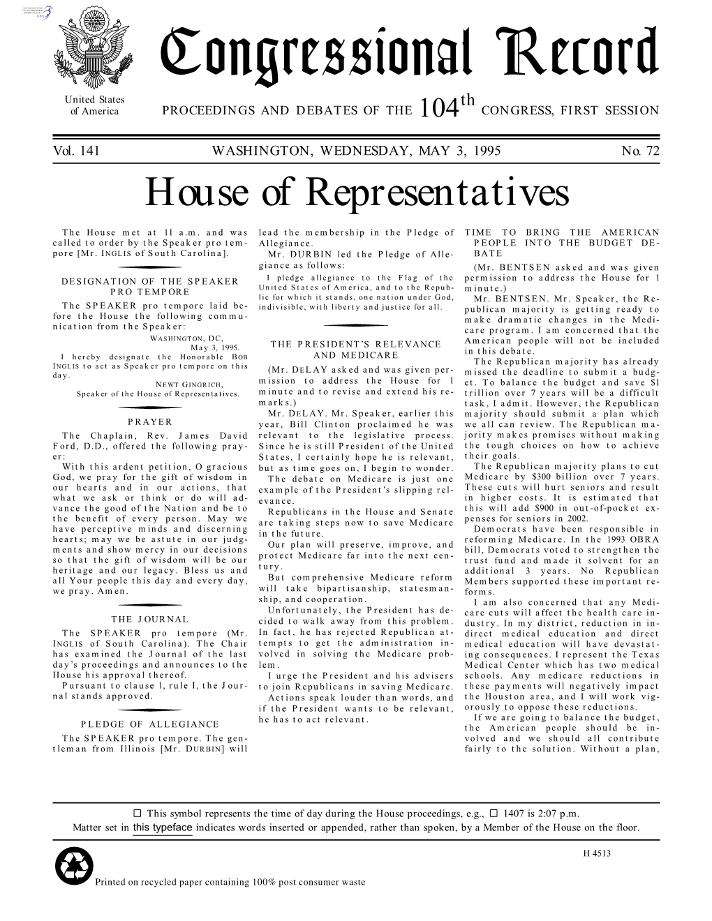 Congressional Record United States Th of America PROCEEDINGS and DEBATES of the 104 CONGRESS, FIRST SESSION