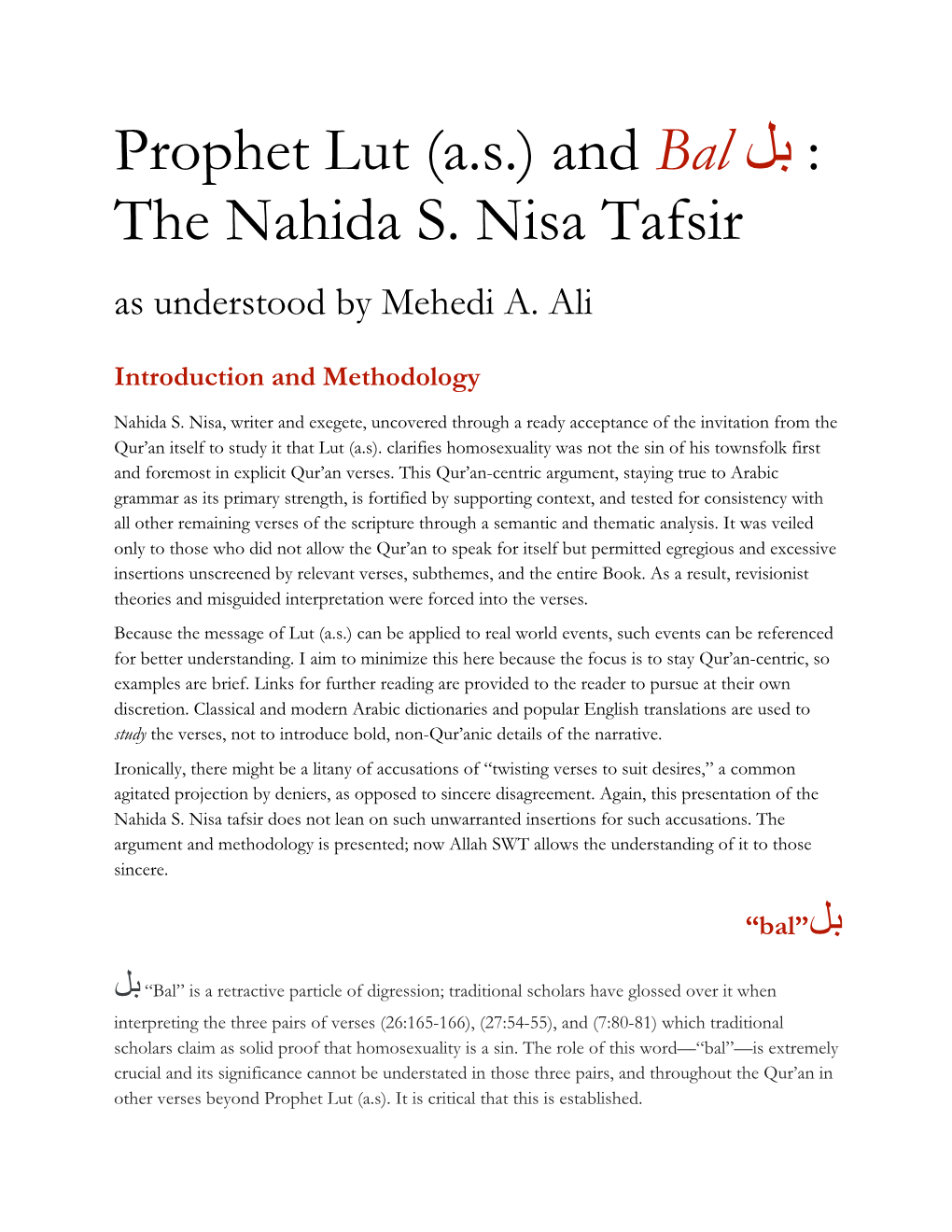Prophet Lut (A.S.) and Bal لﺑ : the Nahida S. Nisa Tafsir
