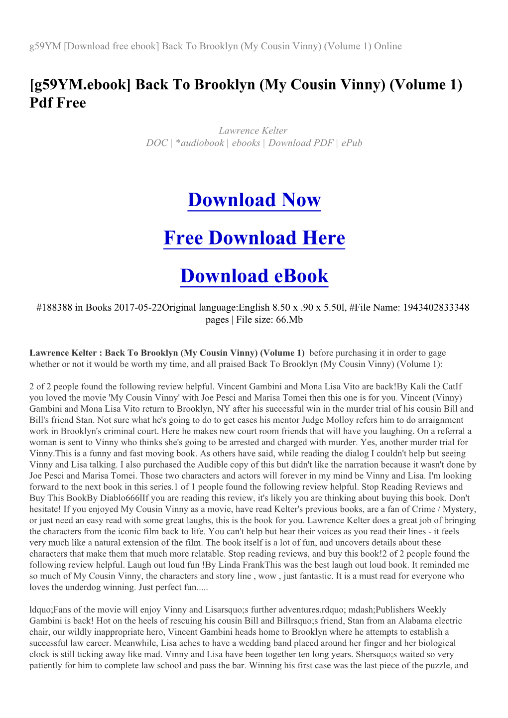 G59ym [Download Free Ebook] Back to Brooklyn (My Cousin Vinny) (Volume 1) Online