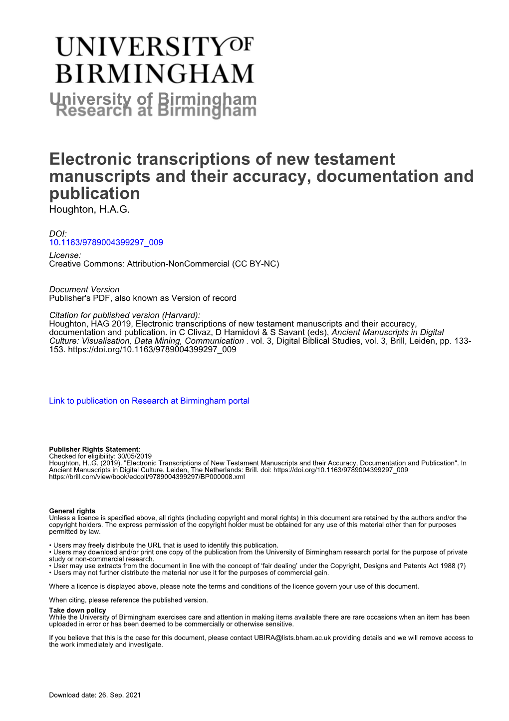 University of Birmingham Electronic Transcriptions of New Testament
